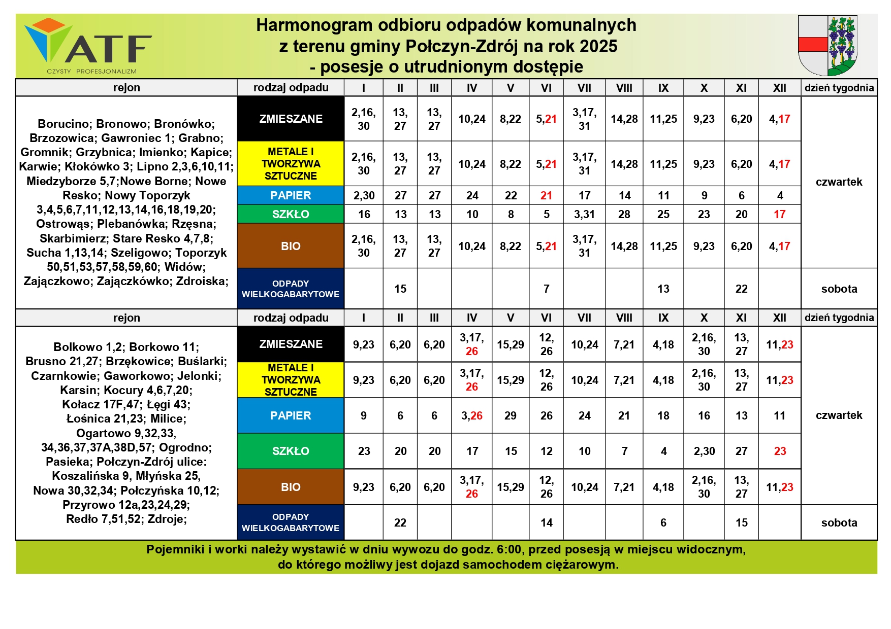 Harmonogram odbioru odpadów komunalnych na 2025 r. | Połczyn-Zdrój